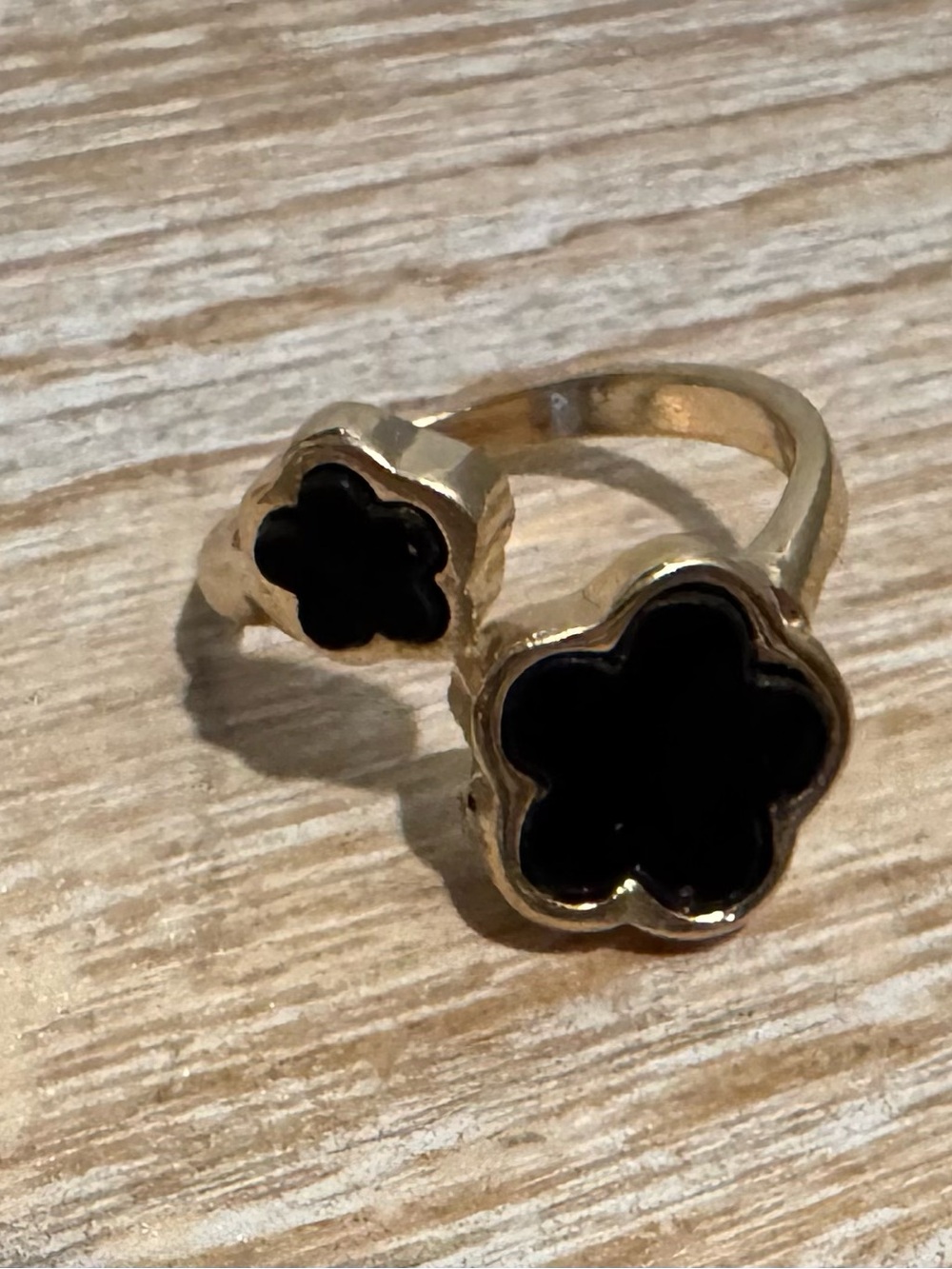 Gold-tone Adjustable Ring with Black Flower Motifs
